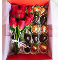 Black & Gold Chocolate Strawberries with Roses Gift Box