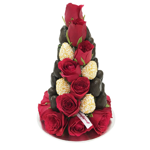 Black & White Gold with Red Roses Chocolate Strawberry Tower