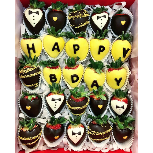 25pcs Yellow "HAPPY BDAY" Chocolate Strawberries Gift Box 